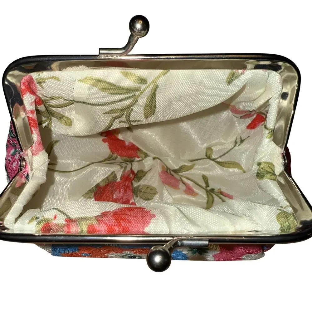 NWT Large Size Pink Floral Fabric Coin Card Purse Wallet Kiss Lock satin lined